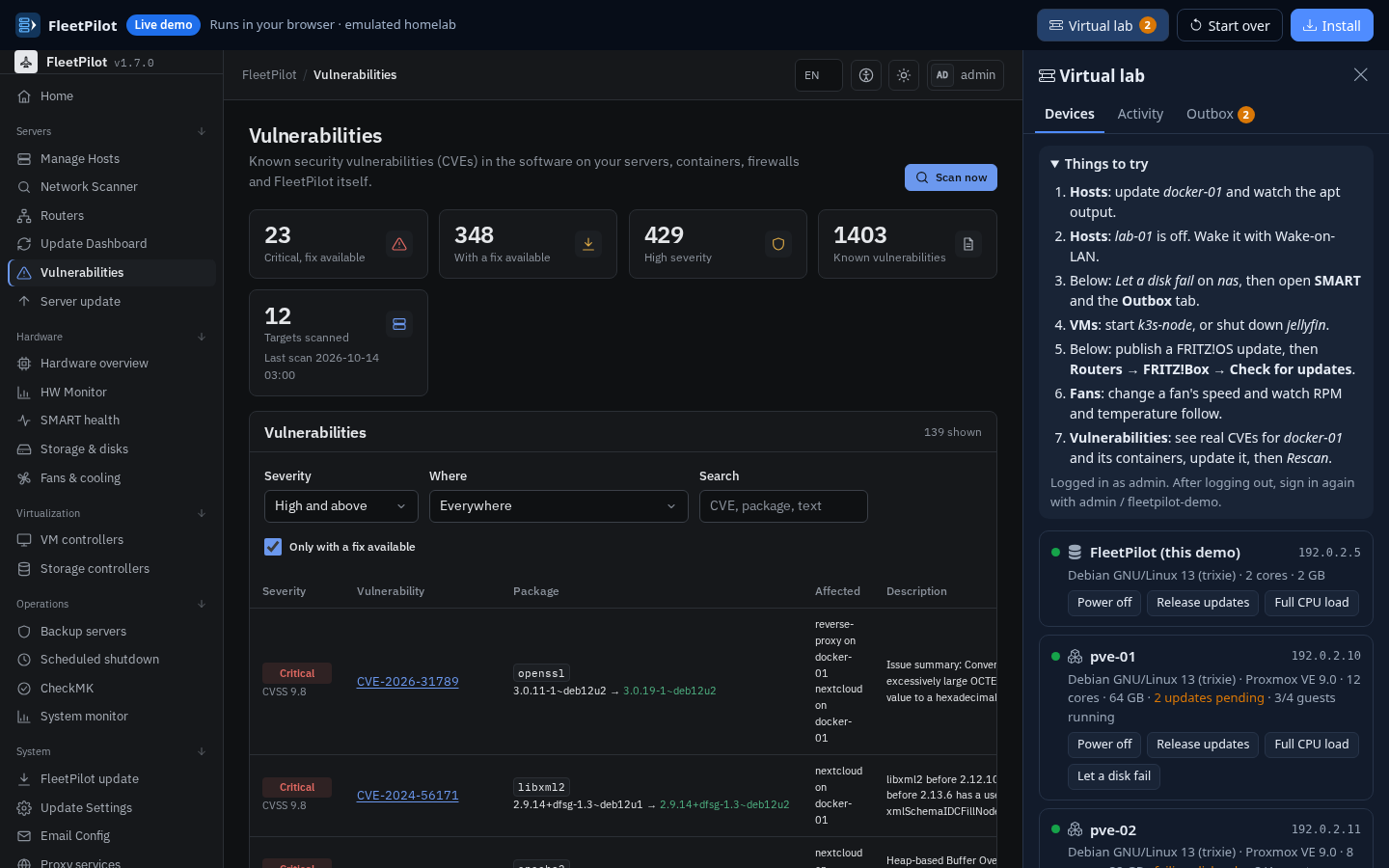 The live demo: FleetPilot's vulnerability page next to the Virtual lab panel with emulated servers