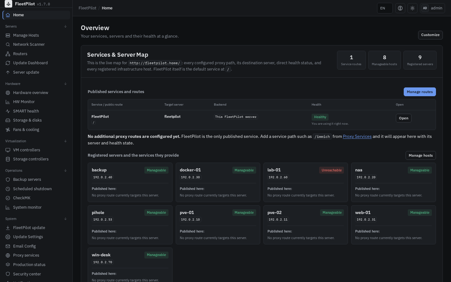 FleetPilot home page with the service map and the state of every server