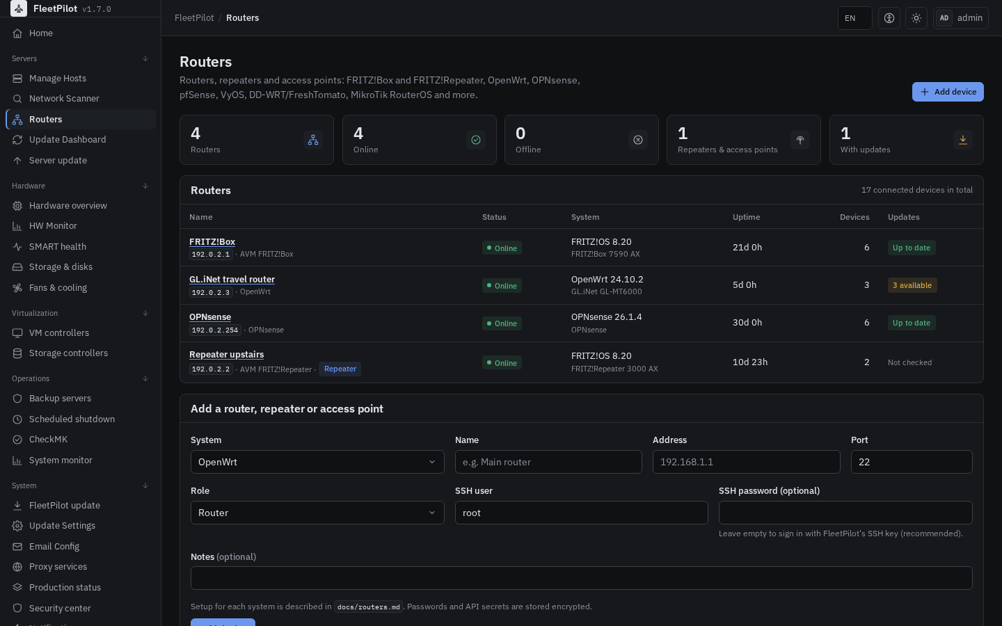 Routers page with FRITZ!Box, repeater, OpenWrt and OPNsense